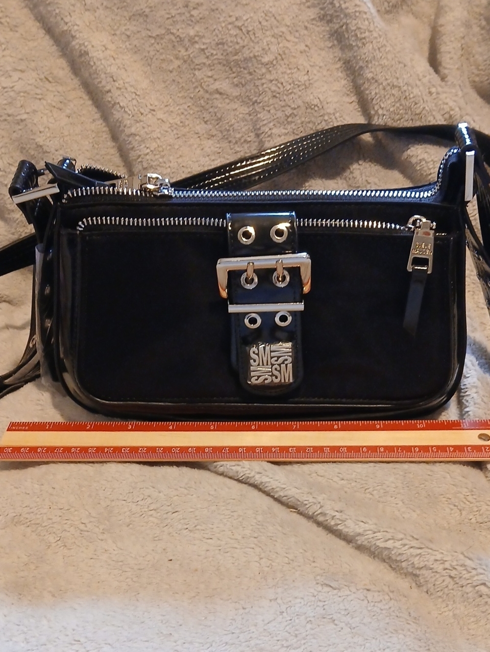SM New York Black Patent & Suede Shoulder Bag with Silver Hardware